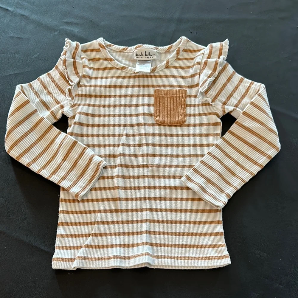 Kids Long Sleeve Thermal Striped Top W/ Sleeve Ruffles - Beige and White - Picture 1 of 6